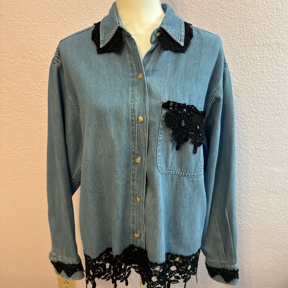 Elegant Denim Button Down Shirt with Black Lace
